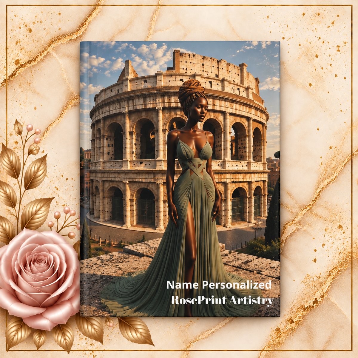 Black Woman Hardcover Journal | Noir - Golden Colosseum II | Custom Name Lined Notebook, Elegant Gift for Her