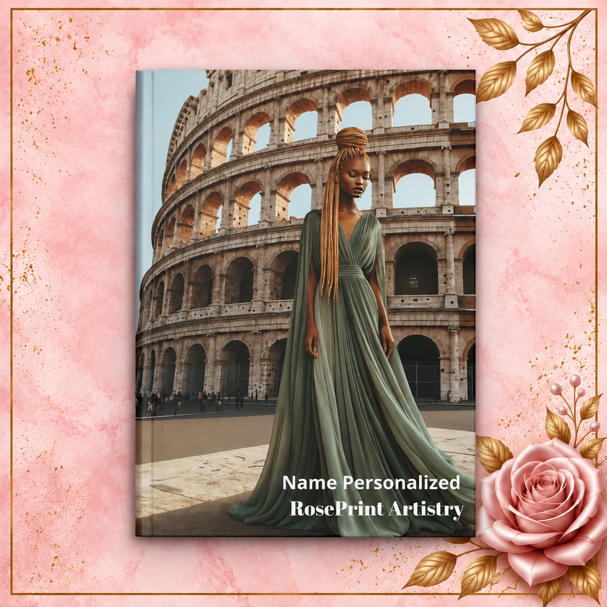 Black Woman Hardcover Journal | Noir - Golden Colosseum I | Custom Name Lined Notebook, Elegant Gift for Her