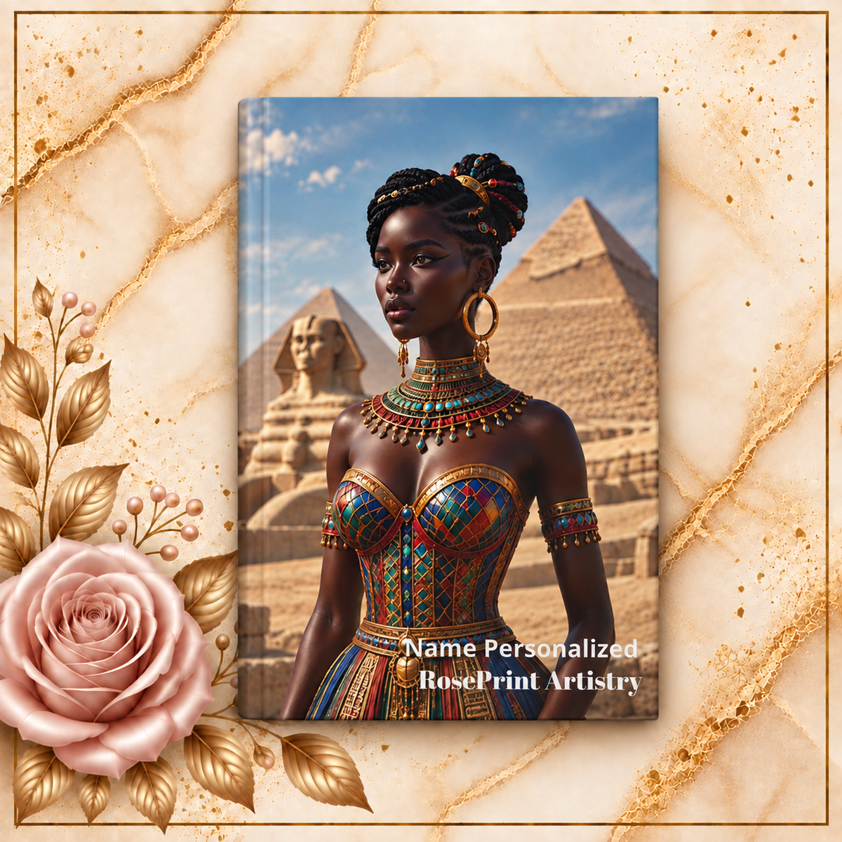 Personalized Black Woman Hardcover Journal | Noir - Jeweled Giza I | Custom Name Lined Notebook, Elegant Gift for Her