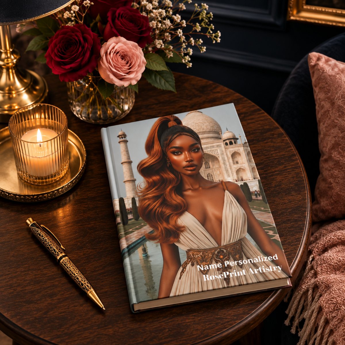 Personalized Black Woman Hardcover Journal | Noir - Copper Mahal III | Custom Name Lined Notebook, Elegant Gift for Her