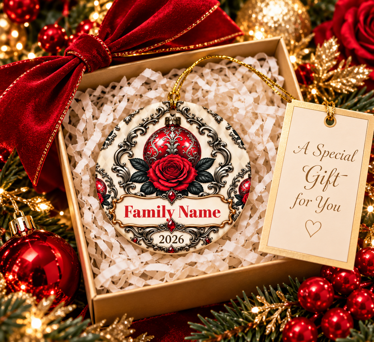 Red Rose Vintage Personalized Christmas Ornament - Double-Sided Ceramic Keepsake