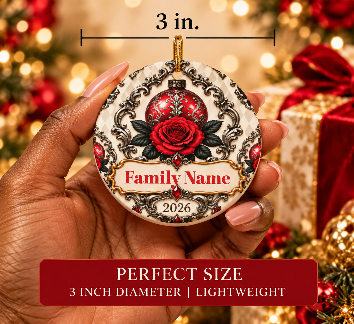 Red Rose Vintage Personalized Christmas Ornament - Double-Sided Ceramic Keepsake