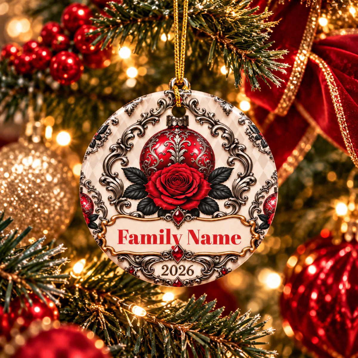 Red Rose Vintage Personalized Christmas Ornament - Double-Sided Ceramic Keepsake