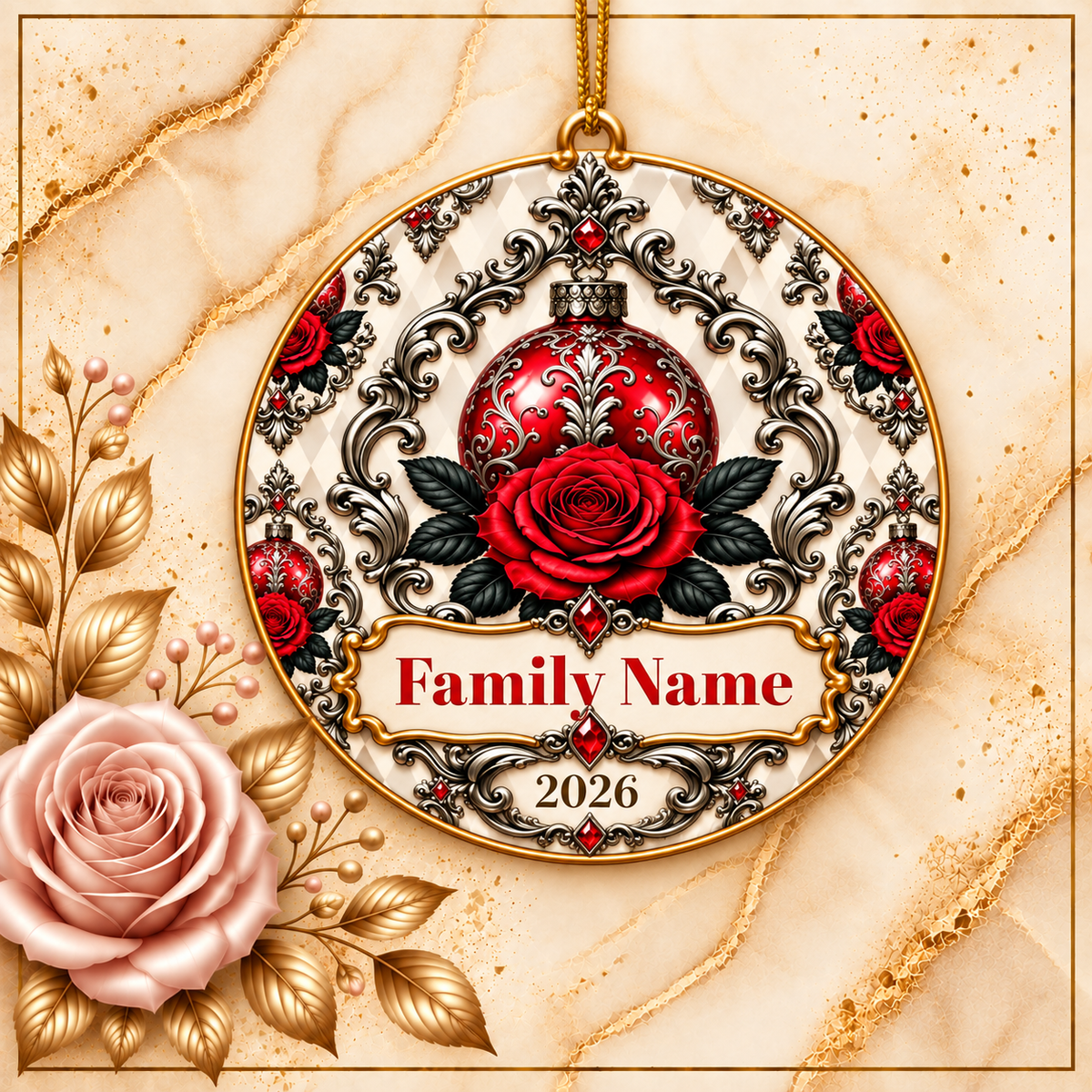 Red Rose Vintage Personalized Christmas Ornament - Double-Sided Ceramic Keepsake