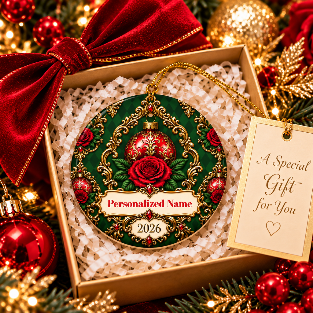 Hunter Rose Vintage Personalized Christmas Ornament - Double-Sided Ceramic Keepsake