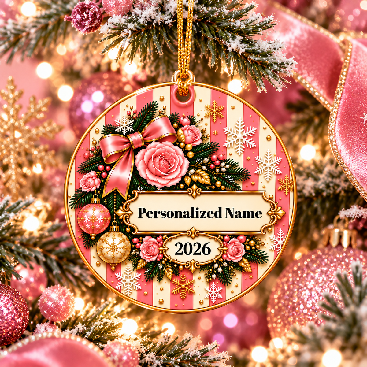 Pink Stripe Christmas Personalized Christmas Ornament - Double-Sided Ceramic Keepsake