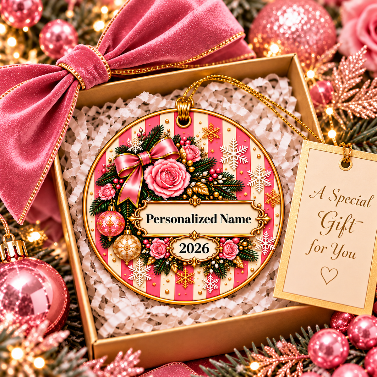 Pink Stripe Christmas Personalized Christmas Ornament - Double-Sided Ceramic Keepsake