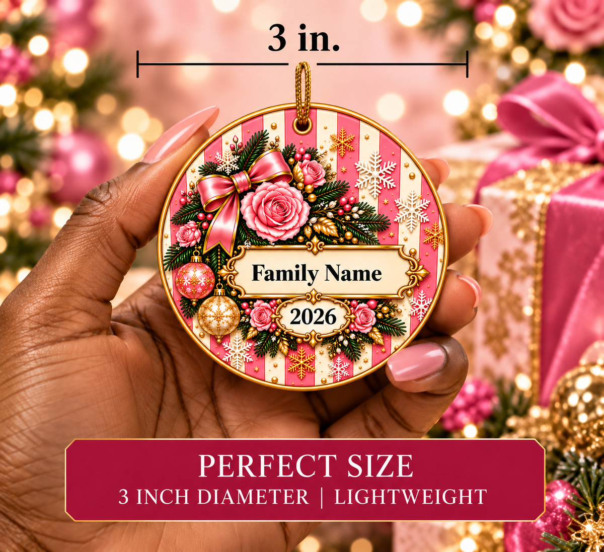 Pink Stripe Christmas Personalized Christmas Ornament - Double-Sided Ceramic Keepsake