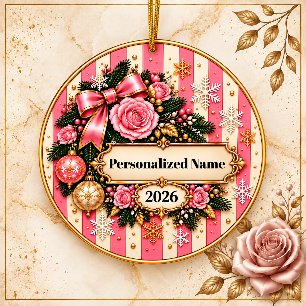 Pink Stripe Christmas Personalized Christmas Ornament - Double-Sided Ceramic Keepsake