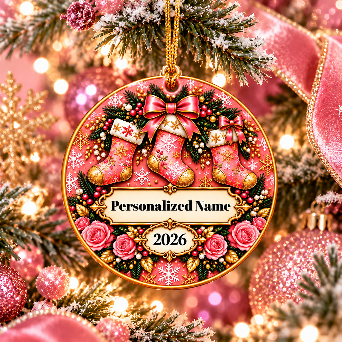 Pink Rose Stockings Personalized Christmas Ornament - Double-Sided Ceramic Keepsake