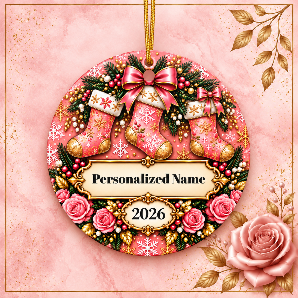 Pink Rose Stockings Personalized Christmas Ornament - Double-Sided Ceramic Keepsake