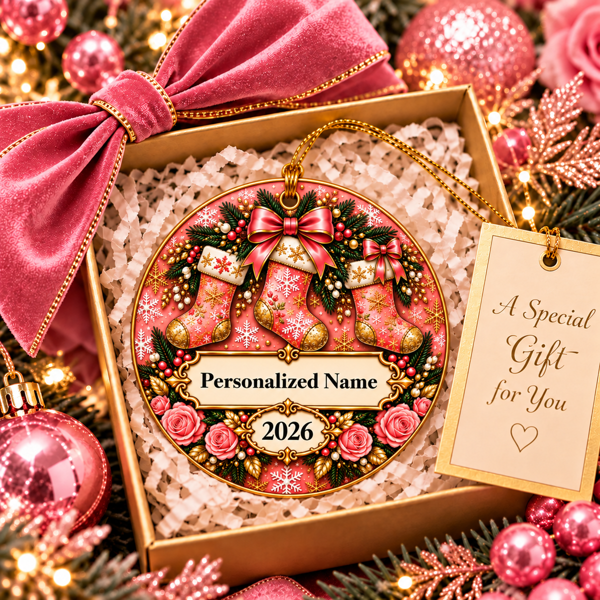 Pink Rose Stockings Personalized Christmas Ornament - Double-Sided Ceramic Keepsake