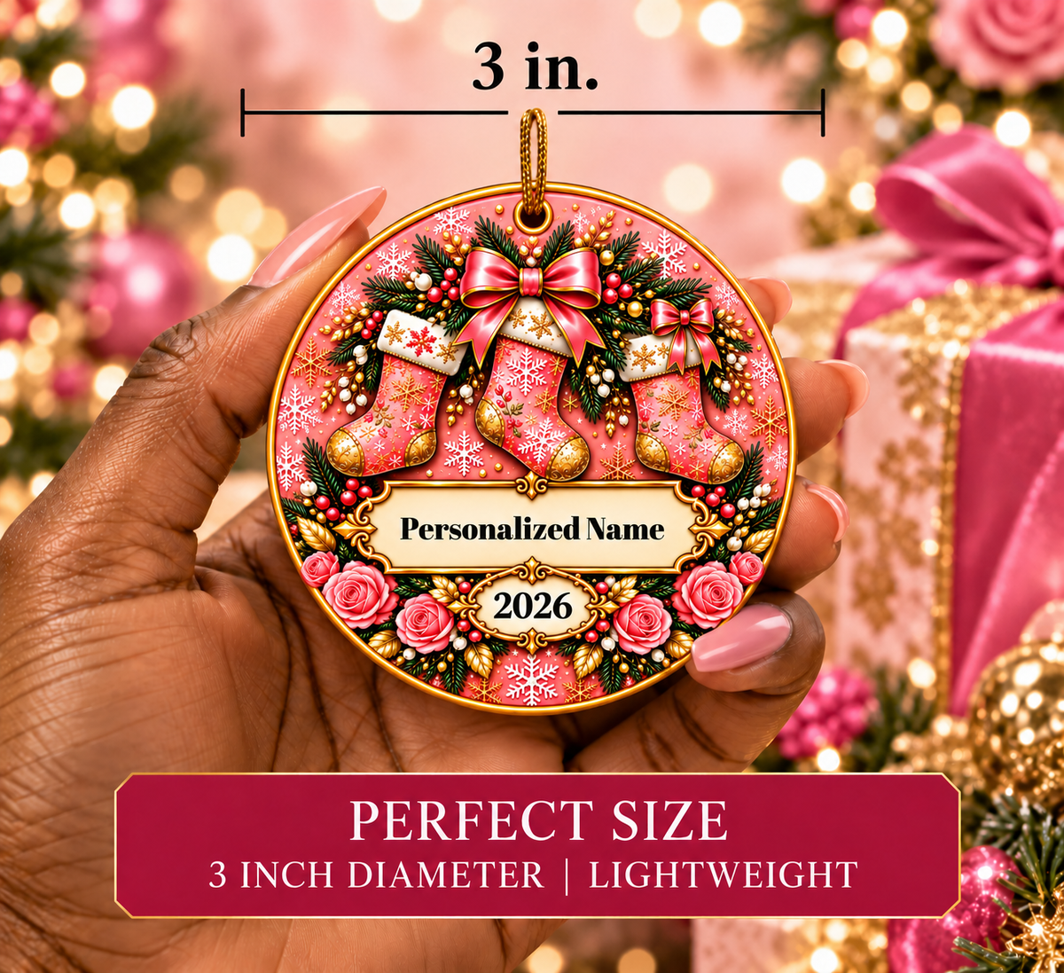 Pink Rose Stockings Personalized Christmas Ornament - Double-Sided Ceramic Keepsake