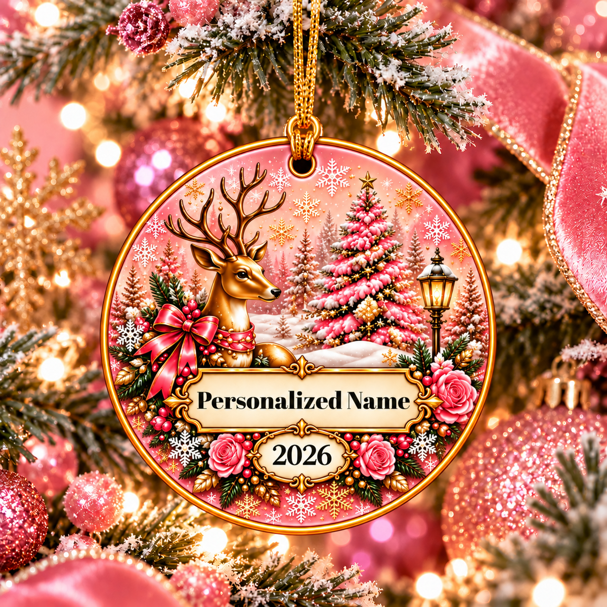 Pink Wonderland Personalized Christmas Ornament - Double-Sided Ceramic Keepsake