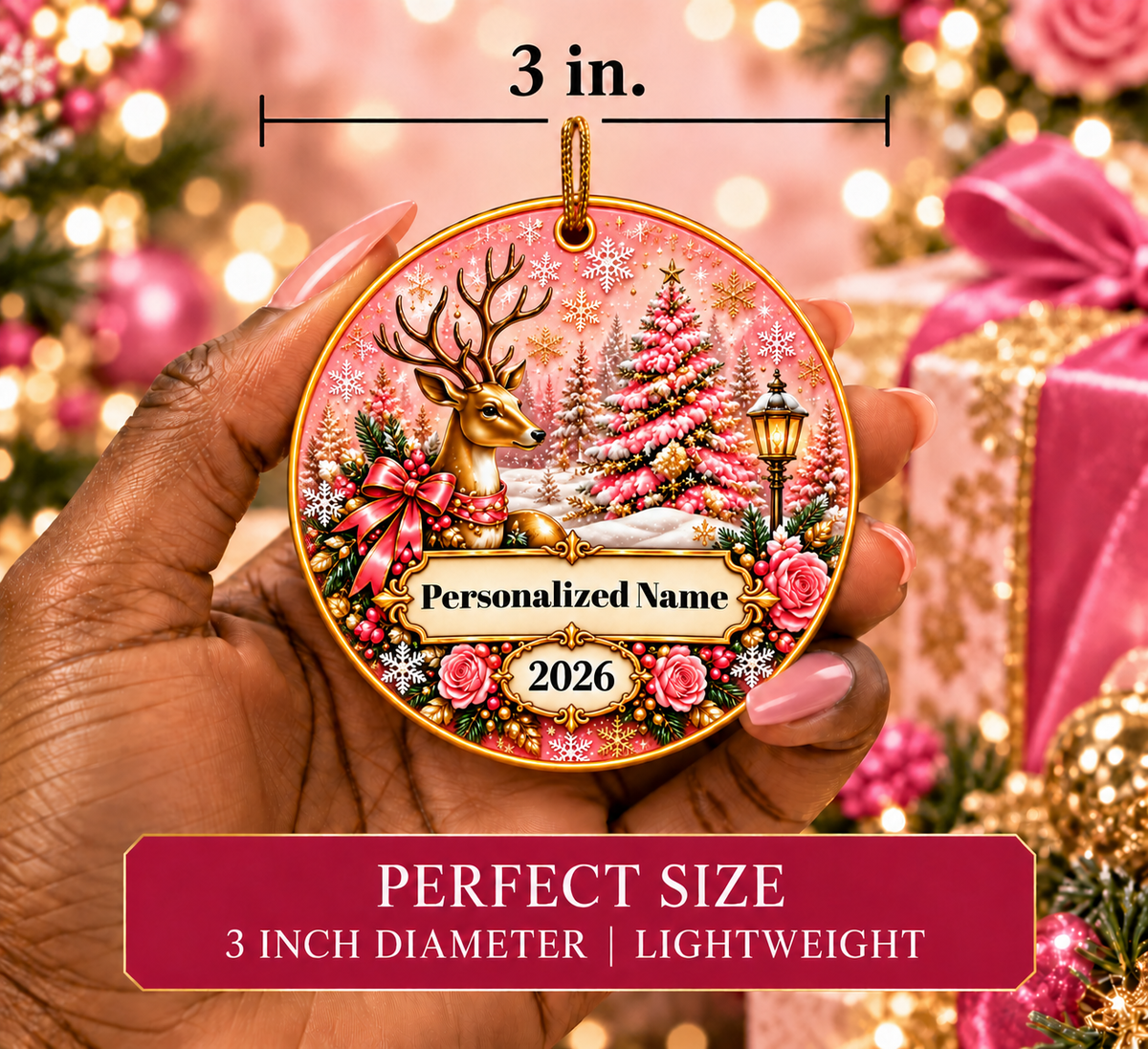 Pink Wonderland Personalized Christmas Ornament - Double-Sided Ceramic Keepsake