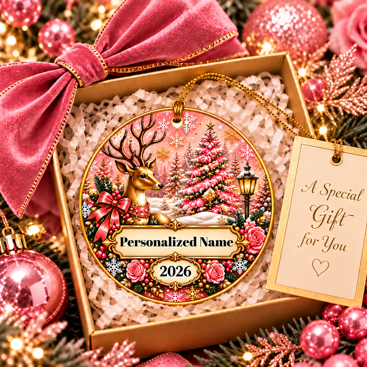 Pink Wonderland Personalized Christmas Ornament - Double-Sided Ceramic Keepsake