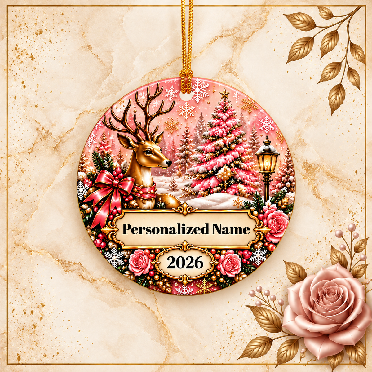 Pink Wonderland Personalized Christmas Ornament - Double-Sided Ceramic Keepsake