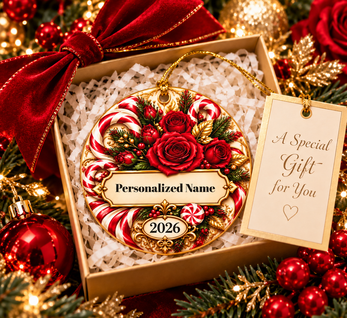 Festive Candy Cane Rose Personalized Christmas Ornament - Double-Sided Ceramic Keepsake