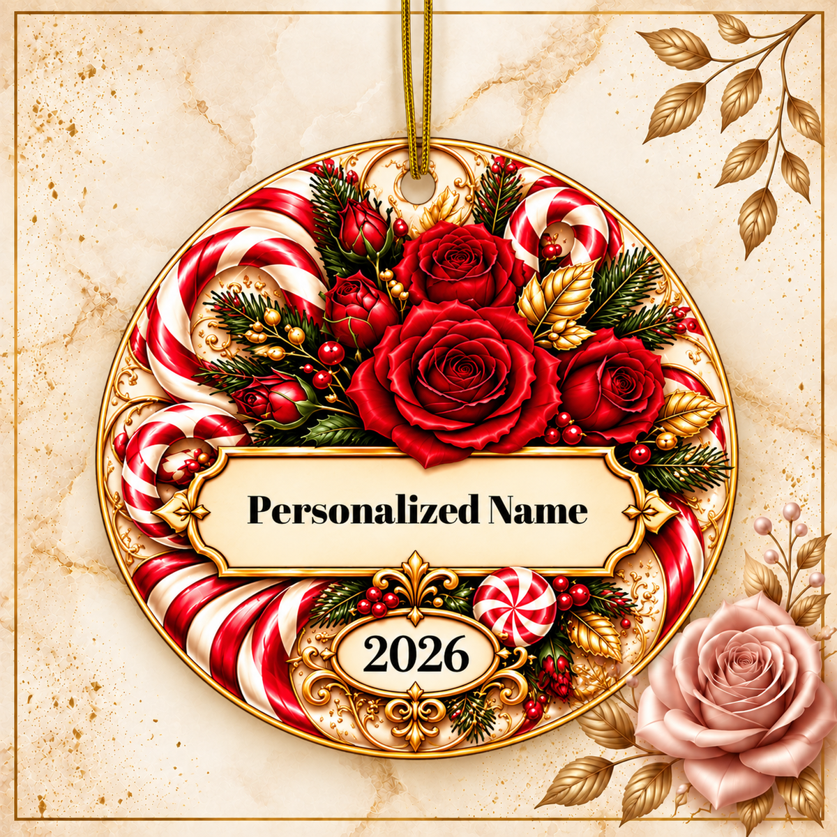 Festive Candy Cane Rose Personalized Christmas Ornament - Double-Sided Ceramic Keepsake