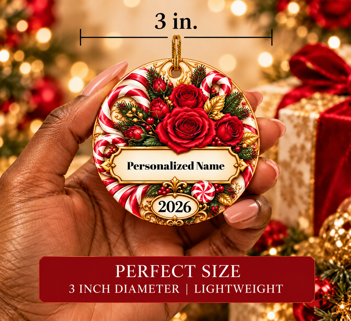 Festive Candy Cane Rose Personalized Christmas Ornament - Double-Sided Ceramic Keepsake