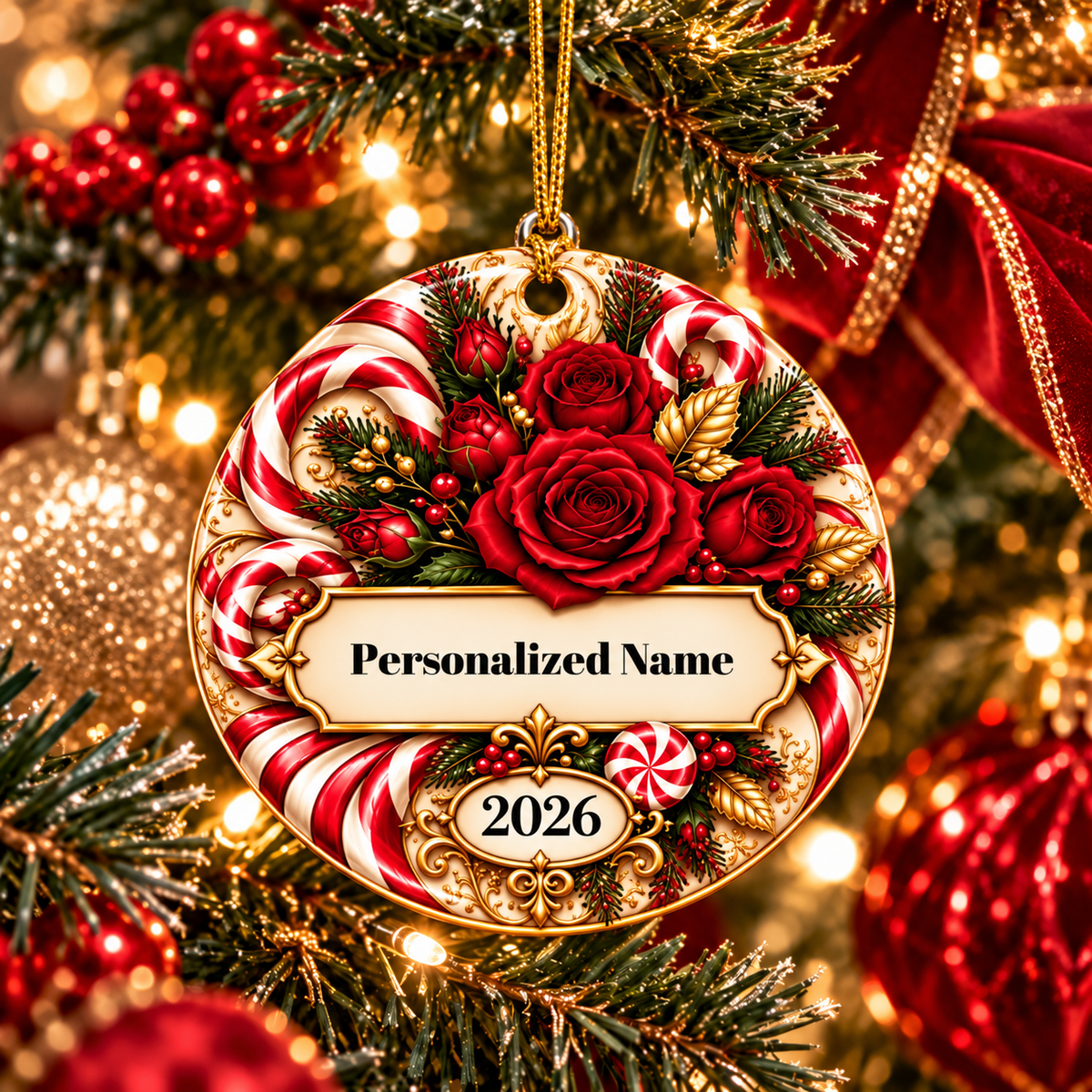 Festive Candy Cane Rose Personalized Christmas Ornament - Double-Sided Ceramic Keepsake