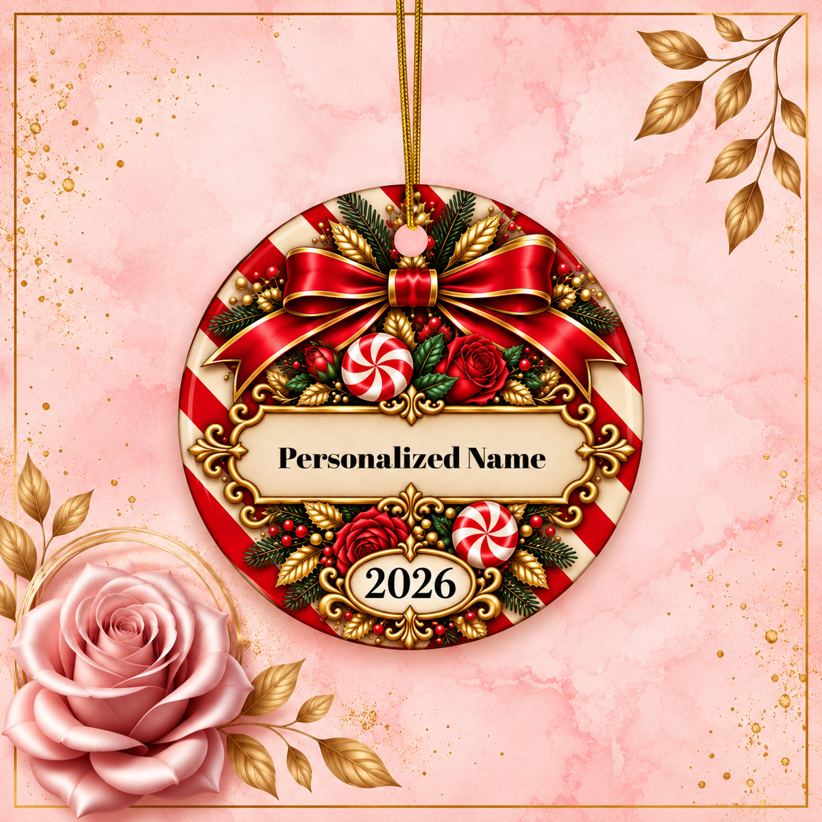 Festive Candy Cane Personalized Christmas Ornament - Double-Sided Ceramic Keepsake