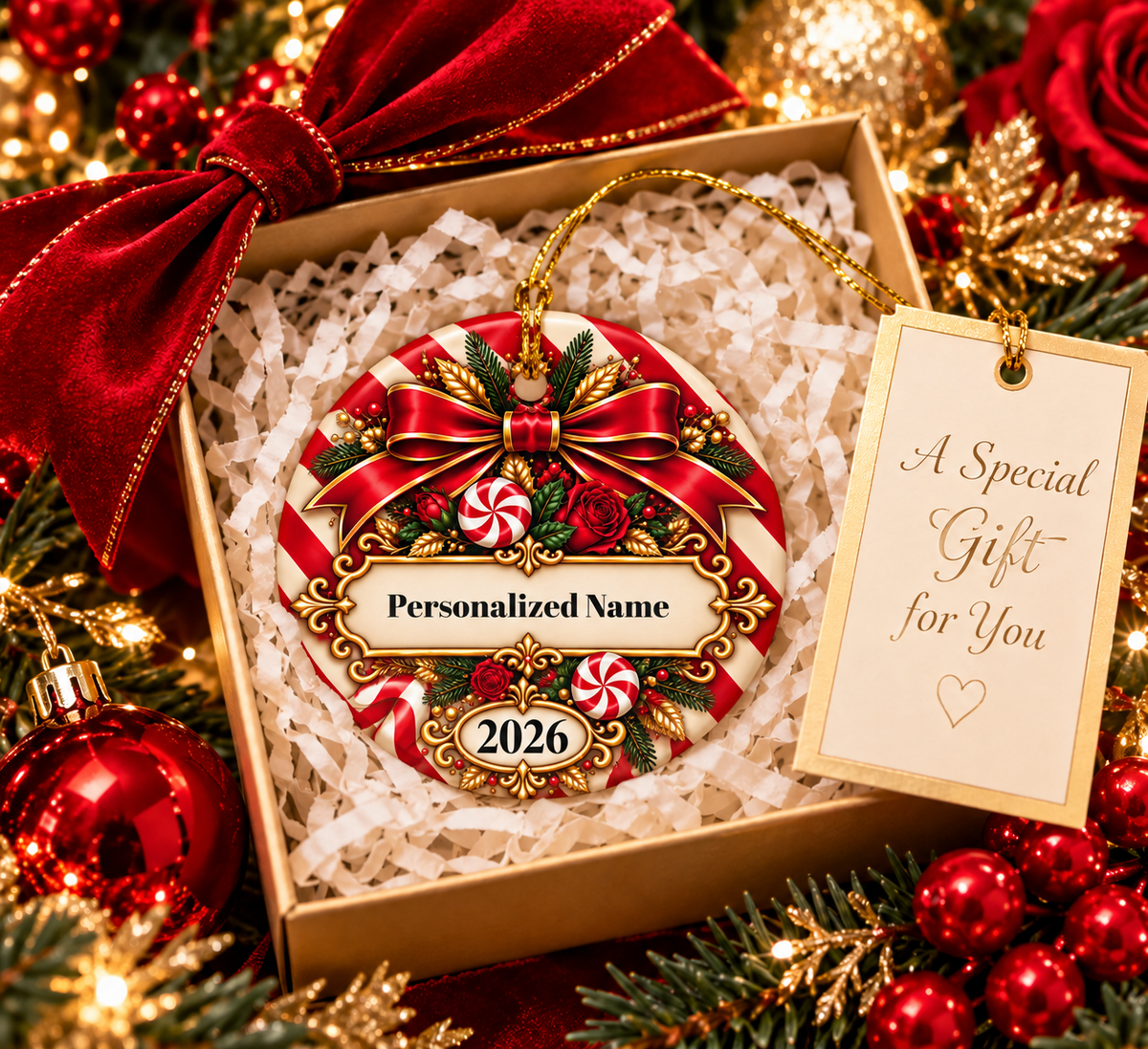Festive Candy Cane Personalized Christmas Ornament - Double-Sided Ceramic Keepsake