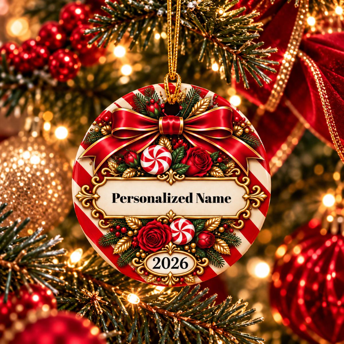 Festive Candy Cane Personalized Christmas Ornament - Double-Sided Ceramic Keepsake