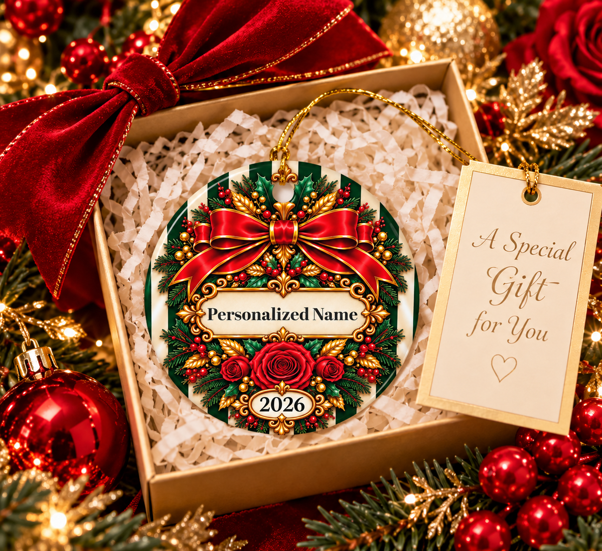 Festive Candy Cane - Green Personalized Christmas Ornament - Double-Sided Ceramic Keepsake