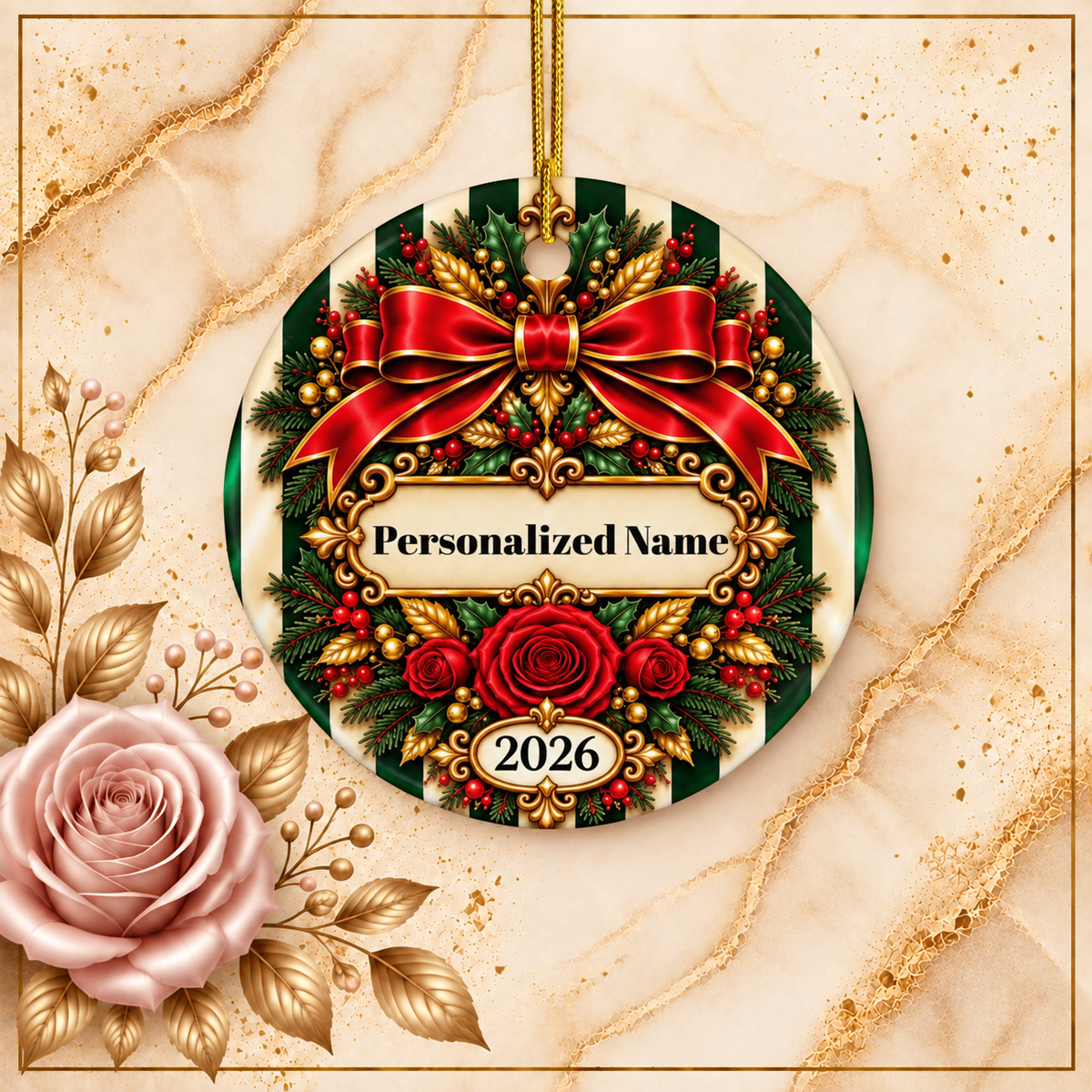 Festive Candy Cane - Green Personalized Christmas Ornament - Double-Sided Ceramic Keepsake