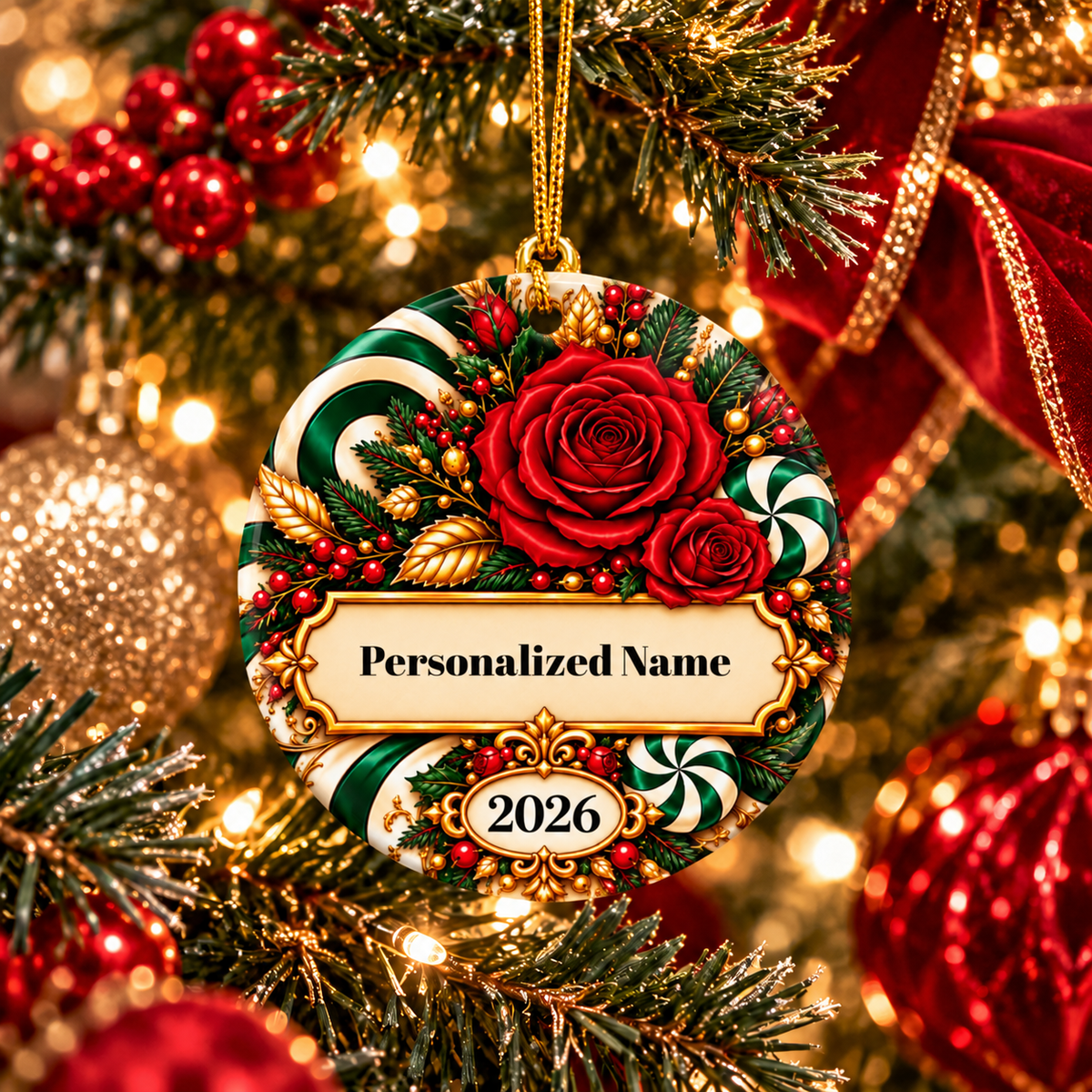 Candy Cane Rose - Green Personalized Christmas Ornament - Double-Sided Ceramic Keepsake