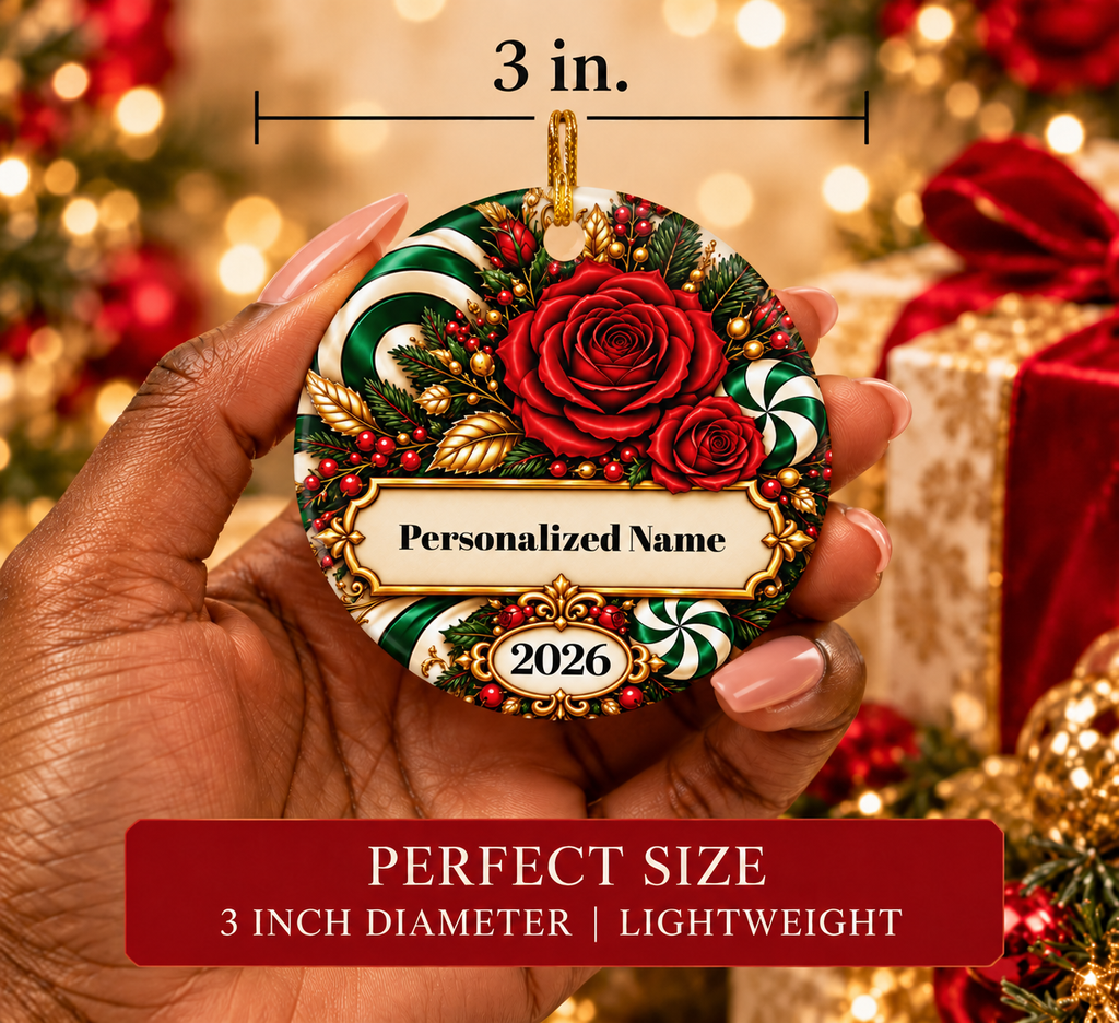 Candy Cane Rose - Green Personalized Christmas Ornament - Double-Sided Ceramic Keepsake