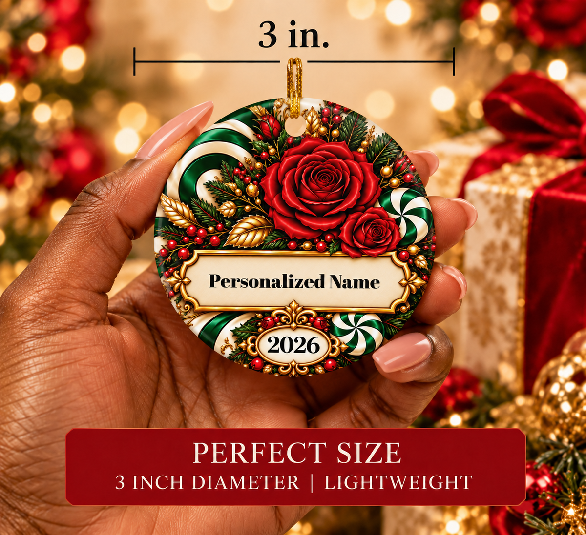 Candy Cane Rose - Green Personalized Christmas Ornament - Double-Sided Ceramic Keepsake