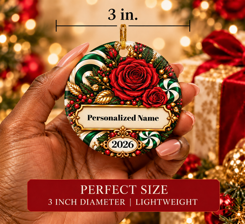 Candy Cane Rose - Green Personalized Christmas Ornament - Double-Sided Ceramic Keepsake