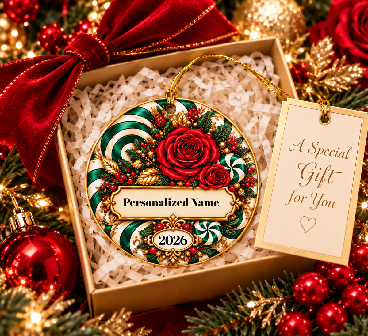 Candy Cane Rose - Green Personalized Christmas Ornament - Double-Sided Ceramic Keepsake