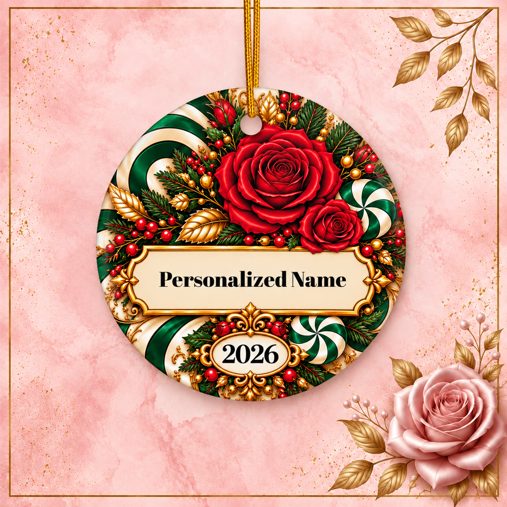 Candy Cane Rose - Green Personalized Christmas Ornament - Double-Sided Ceramic Keepsake