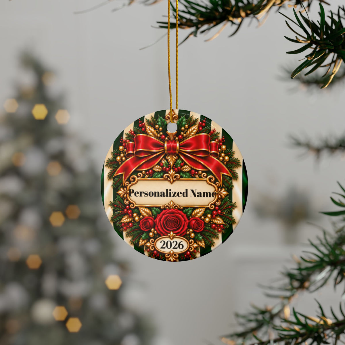 Festive Candy Cane - Green Personalized Christmas Ornament - Double-Sided Ceramic Keepsake