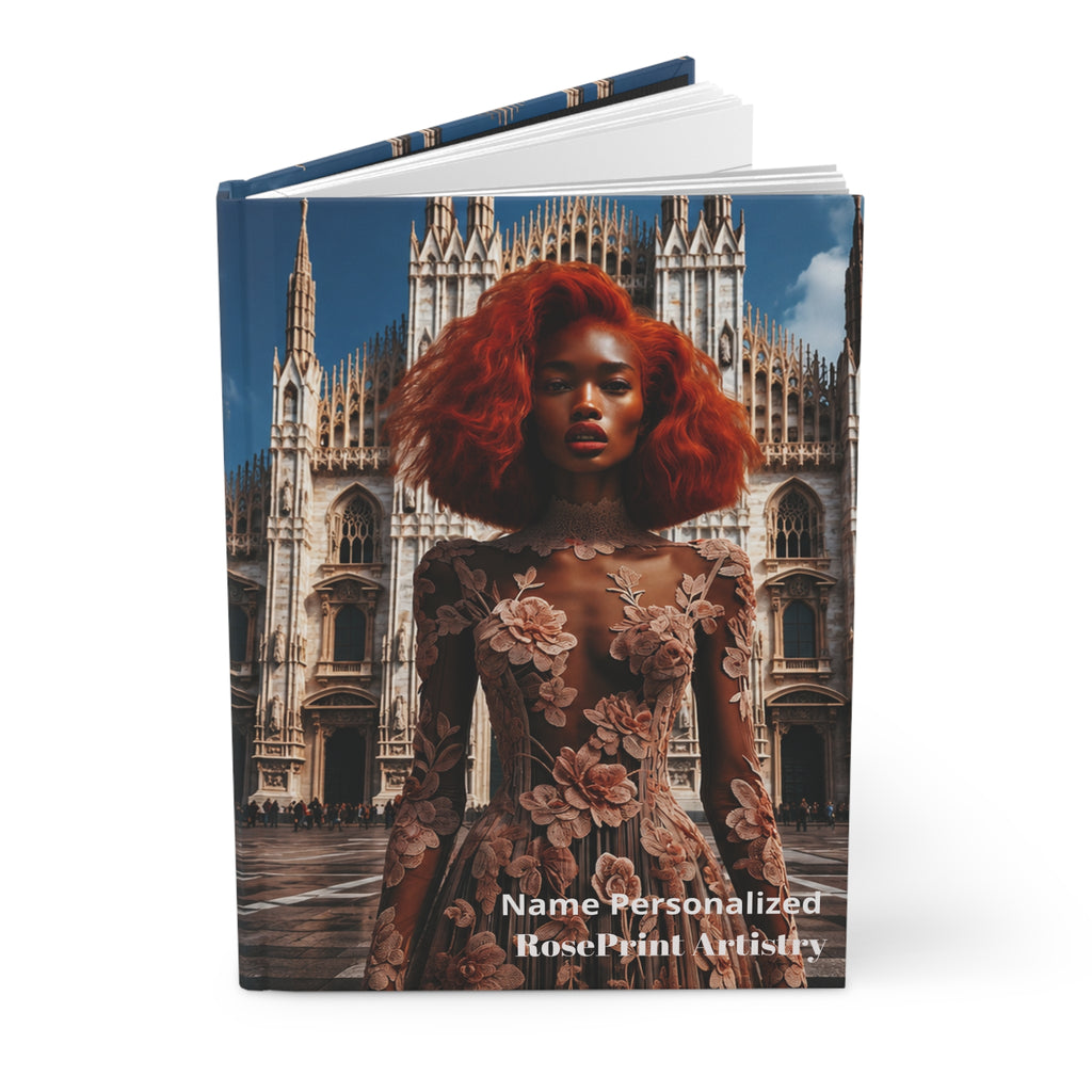 Personalized Black Woman Hardcover Journal | Noir - Rosso Milano I | Custom Name Lined Notebook, Elegant Gift for Her