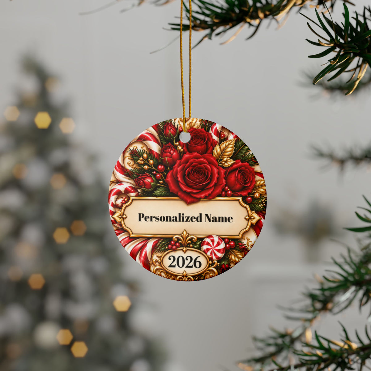Festive Candy Cane Rose Personalized Christmas Ornament - Double-Sided Ceramic Keepsake