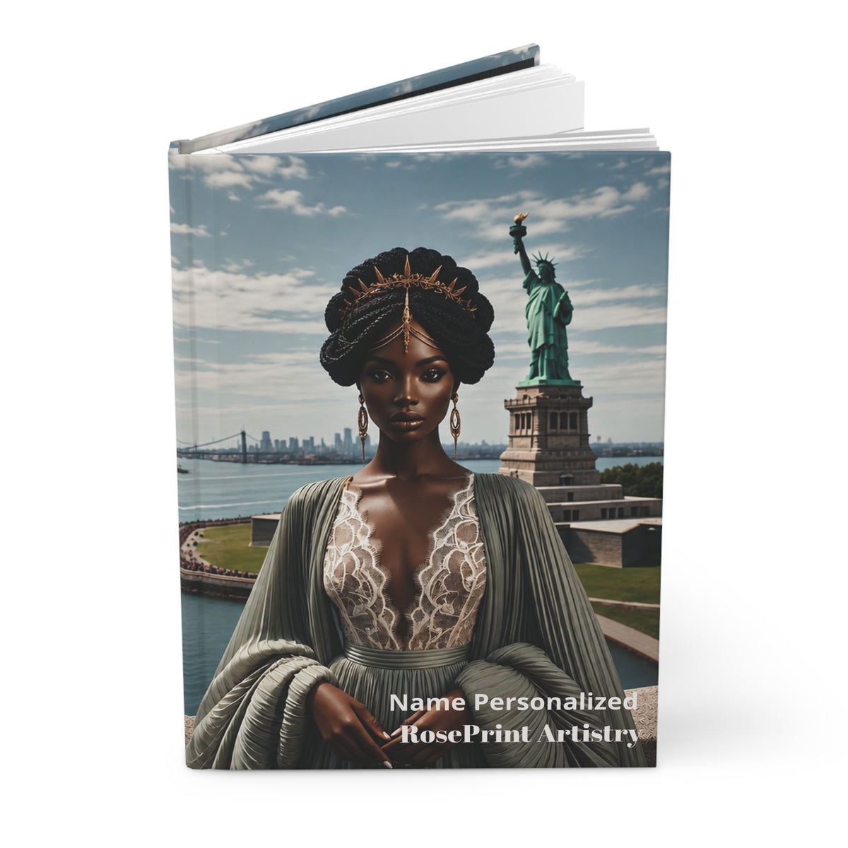 Personalized Black Woman Hardcover Journal | Noir Liberty II | Custom Name Lined Notebook, Elegant Gift for Her