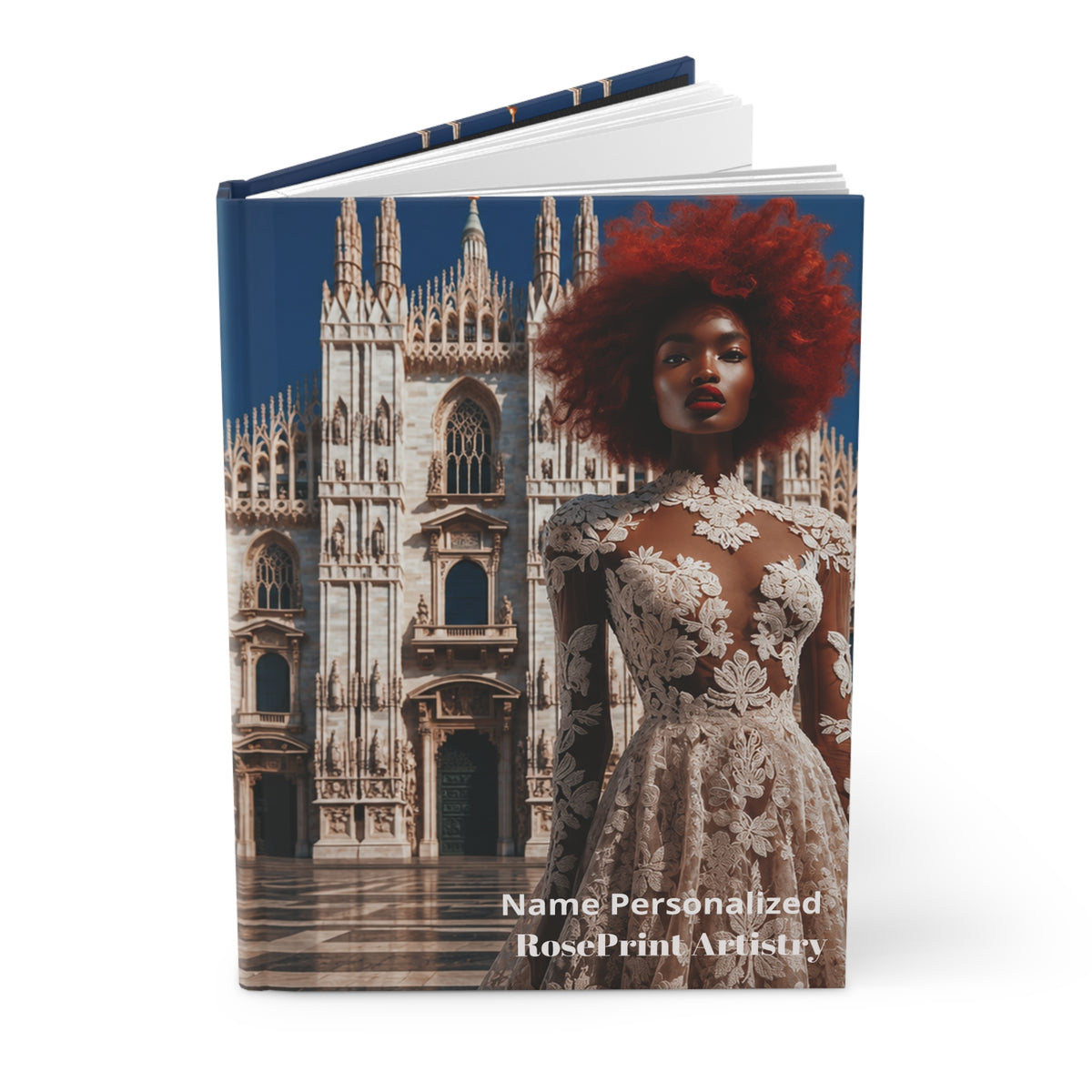 Personalized Black Woman Hardcover Journal | Noir - Rosso Milano II | Custom Name Lined Notebook, Elegant Gift for Her