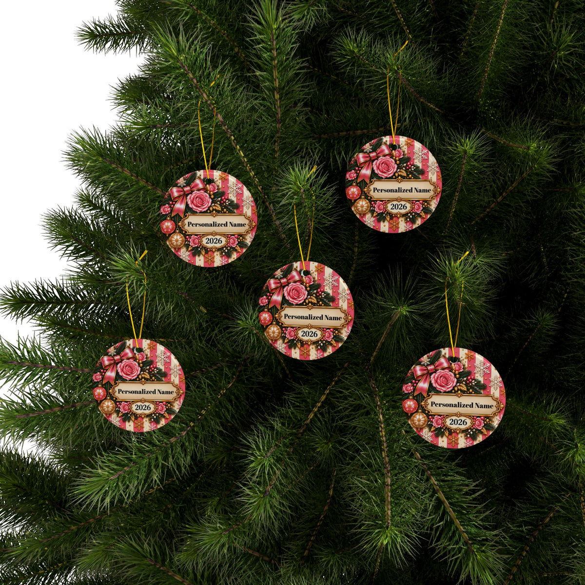 Pink Stripe Christmas Personalized Christmas Ornament - Double-Sided Ceramic Keepsake