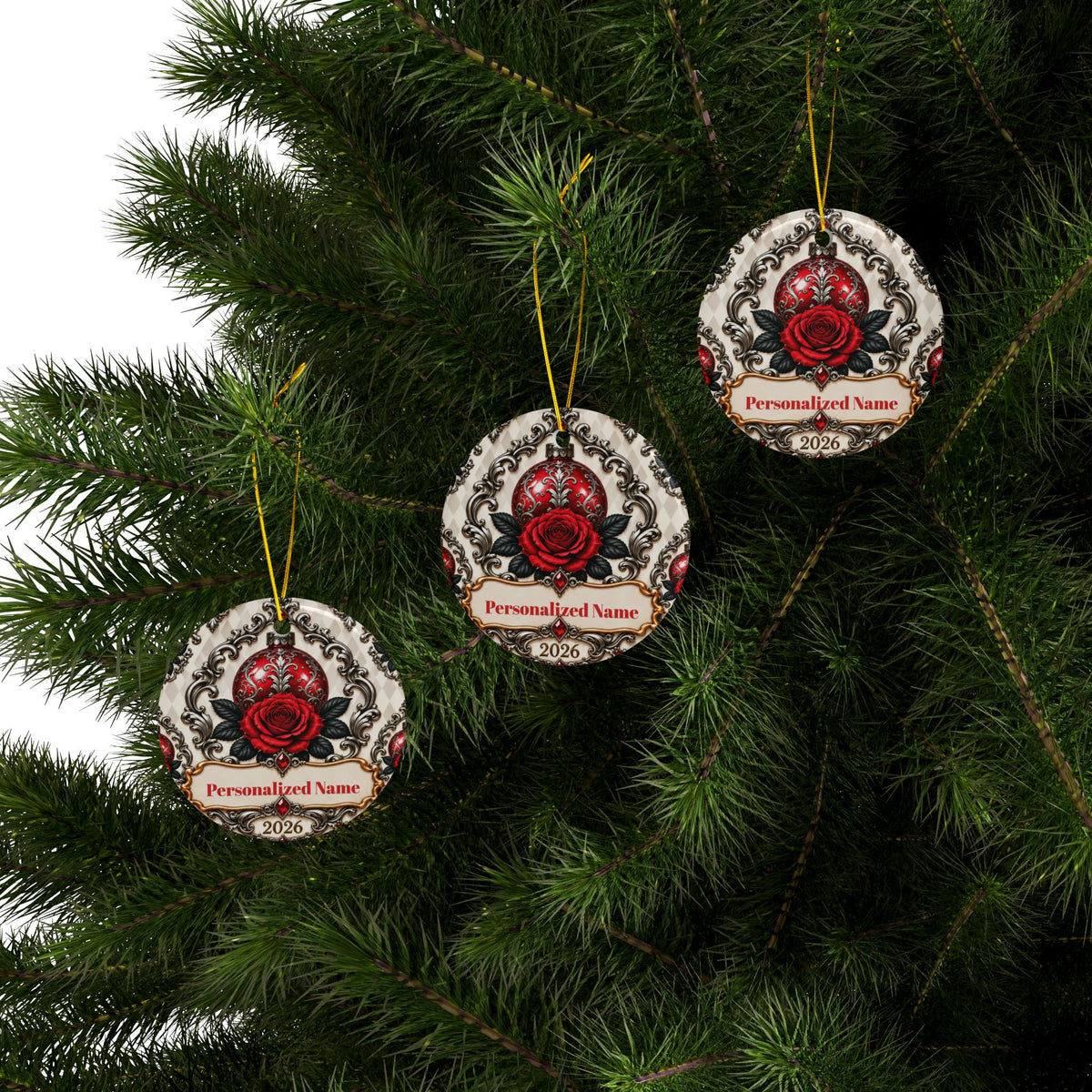 Red Rose Vintage Personalized Christmas Ornament - Double-Sided Ceramic Keepsake