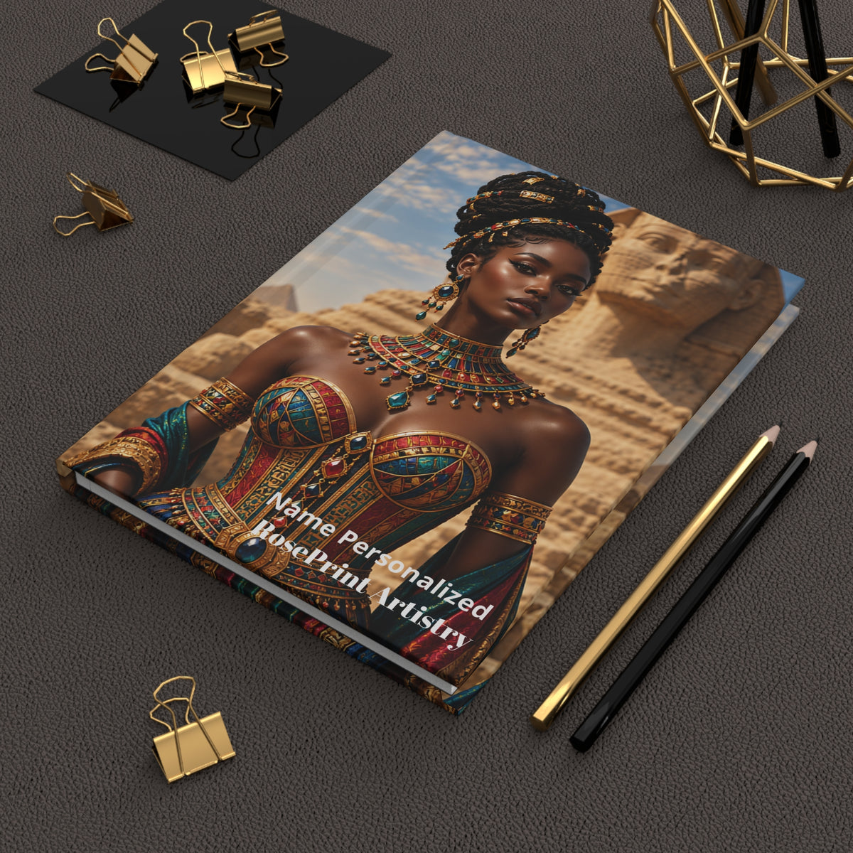 Personalized Black Woman Hardcover Journal | Noir - Jeweled Giza II | Custom Name Lined Notebook, Elegant Gift for Her