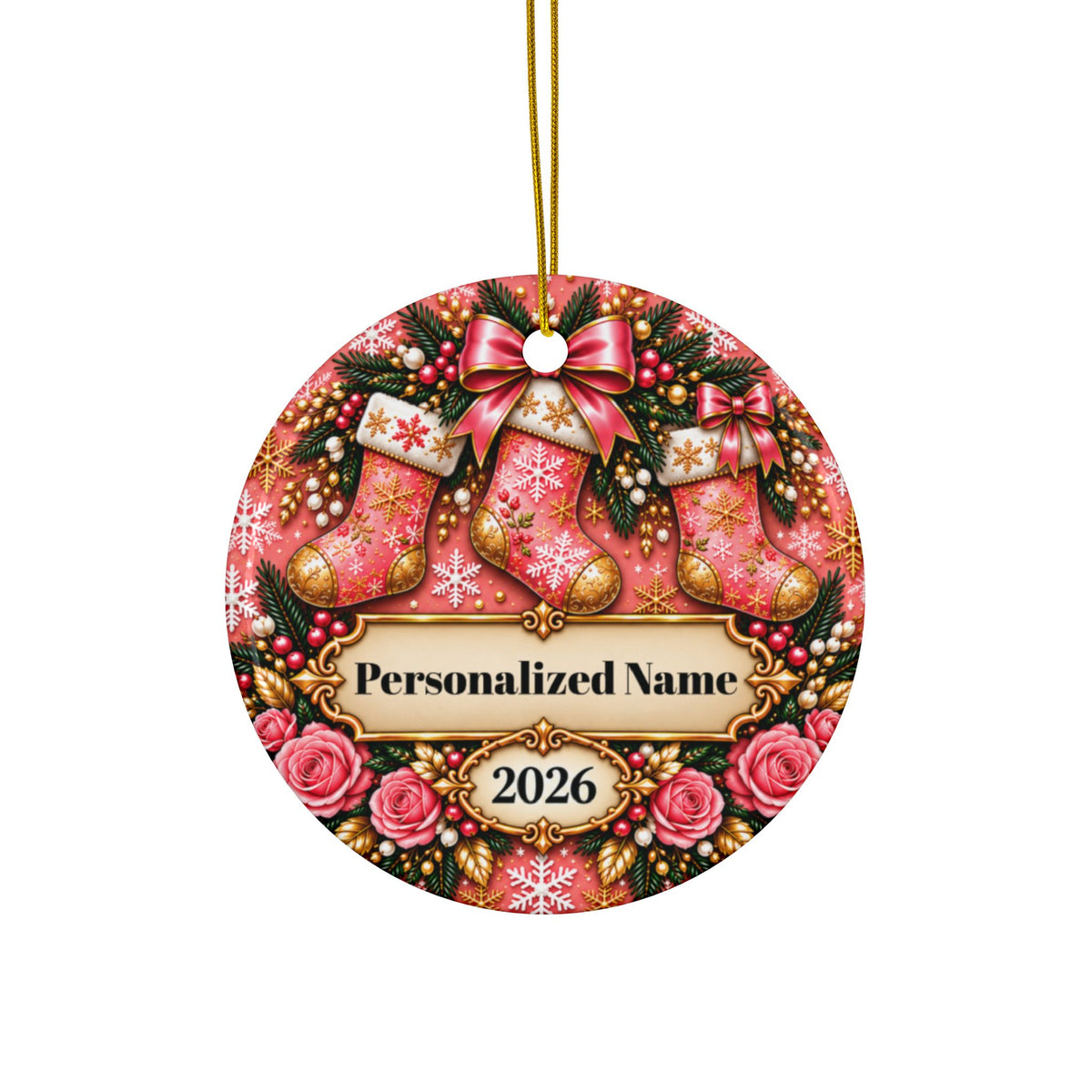 Pink Rose Stockings Personalized Christmas Ornament - Double-Sided Ceramic Keepsake
