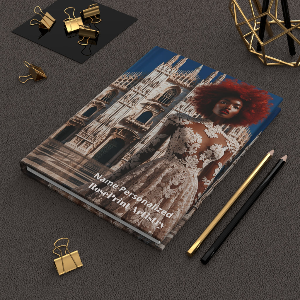 Personalized Black Woman Hardcover Journal | Noir - Rosso Milano II | Custom Name Lined Notebook, Elegant Gift for Her