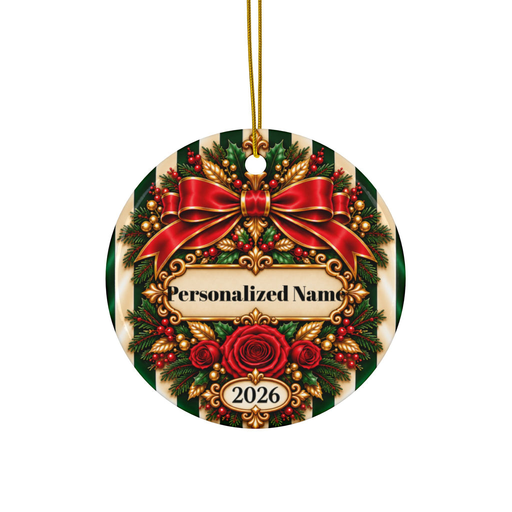 Festive Candy Cane - Green Personalized Christmas Ornament - Double-Sided Ceramic Keepsake