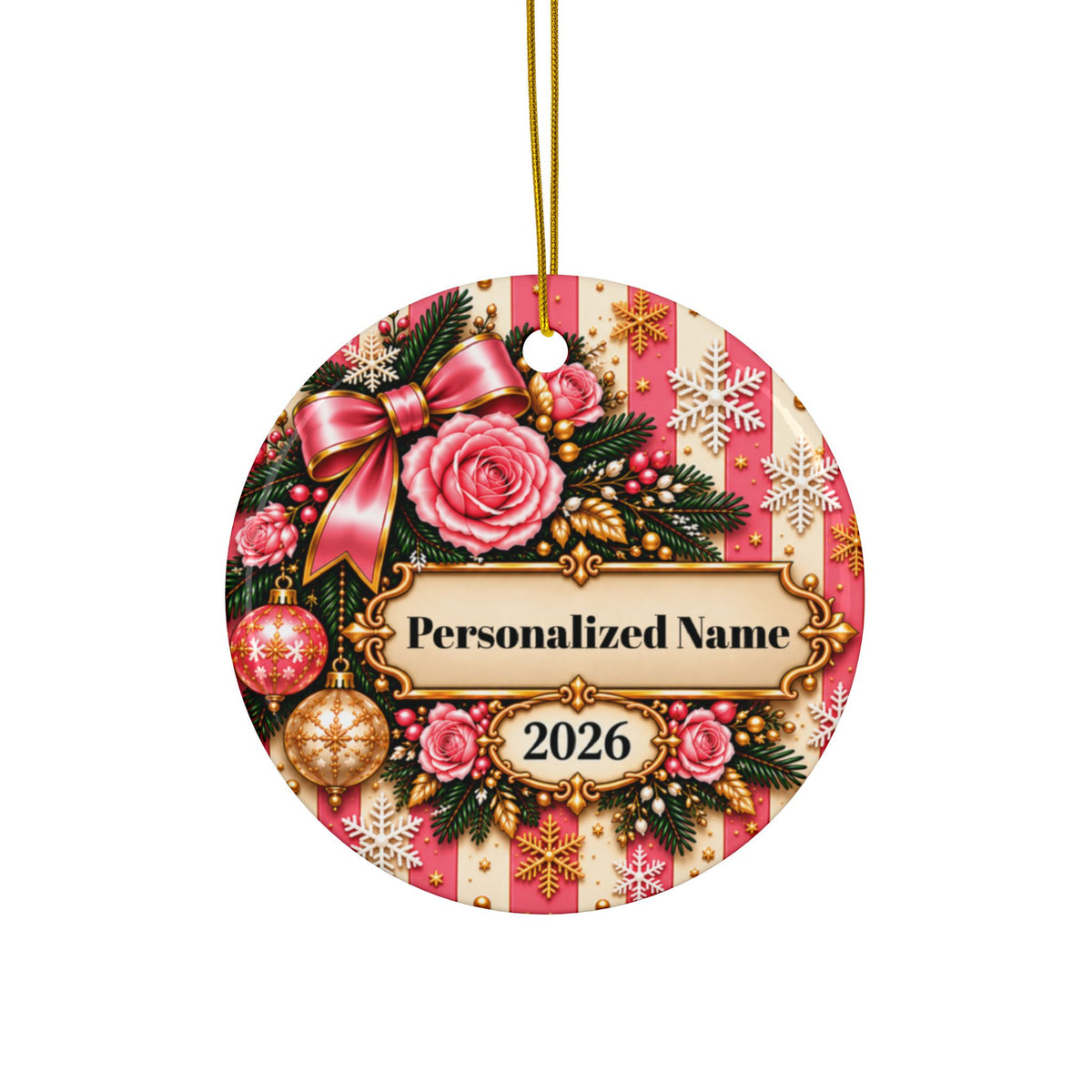 Pink Stripe Christmas Personalized Christmas Ornament - Double-Sided Ceramic Keepsake