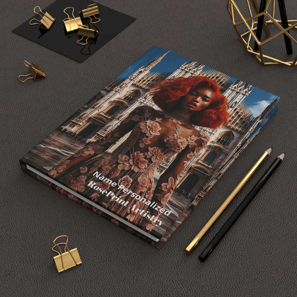 Personalized Black Woman Hardcover Journal | Noir - Rosso Milano I | Custom Name Lined Notebook, Elegant Gift for Her