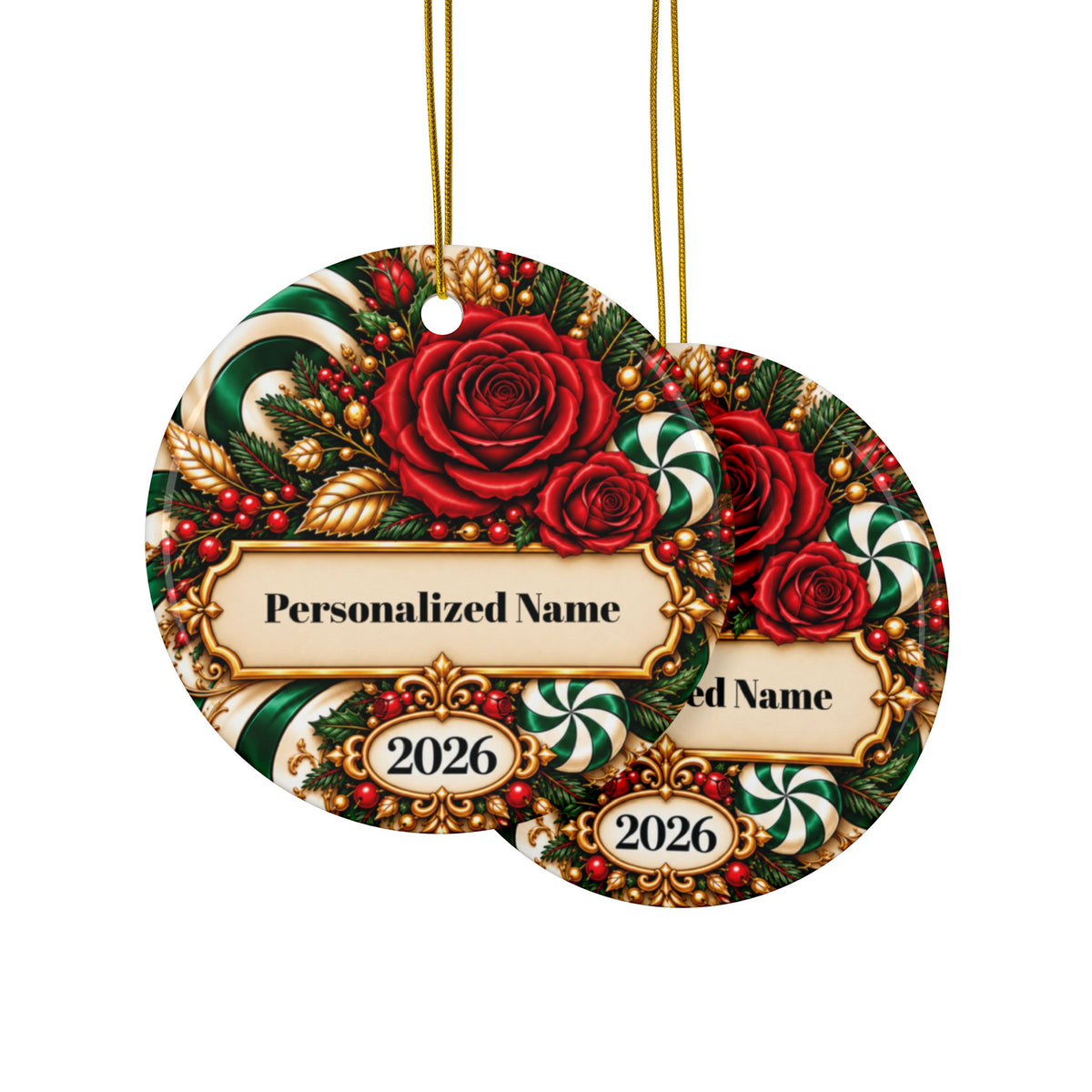 Candy Cane Rose - Green Personalized Christmas Ornament - Double-Sided Ceramic Keepsake